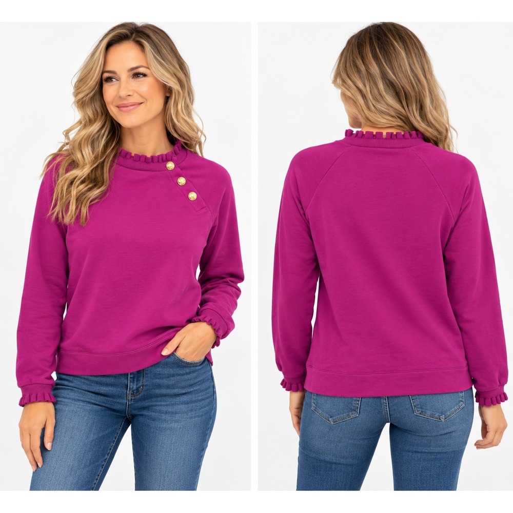 Talbots Womens Magenta Pink Ruffle Neck Gold Button Cotton Sweatshirt Medium